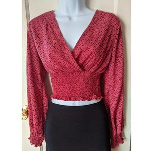 SHEIN Women’s Long Sleeve Bubblegum Pink and Black Dotted Cross-top Blouse NWOT